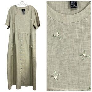 Vtg Linen Maxi Dress 3X Petite Khaki Embroidered Floral Cottagecore Prairie Boho